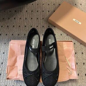 Miu Miu Black Quilted Mary Jane Flats with Bow Accent